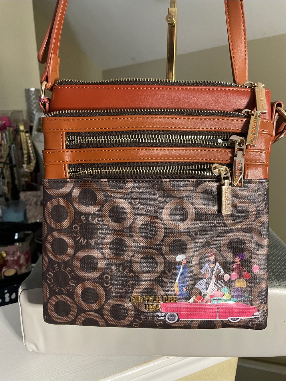 Nicole Lee Brown & Tan Crossbody Bag with Graphic Convertible Car Print